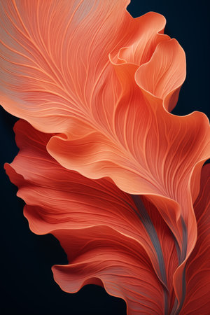 Abstract waves with orange and peach fuzz colors on a black background. Pattern with abstract leaves.の素材