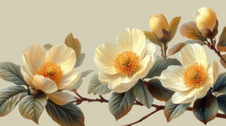 Yellow and white flowers on a light background. Floral pattern. Vintage illustration. Warm color. Floral background.の素材