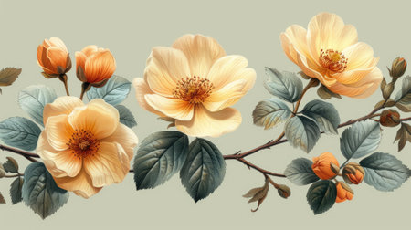 Yellow flowers on a light background. Floral pattern. Vintage illustration. Warm color. Floral background.の素材