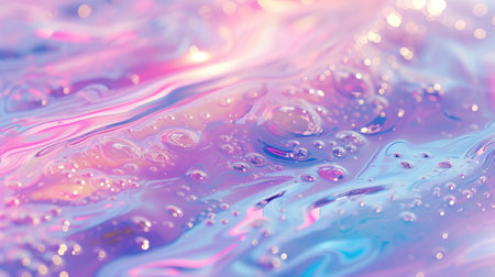 Abstract holographic background with waves and bubbles in pink and blue colors. Macro view.の素材