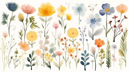 Set of hand drawn watercolor flowers and plants on white background.の素材