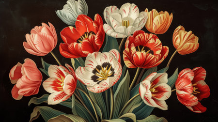 Bouquet of tulips on a black background. Illustration in vintage style. Digital painting.の素材