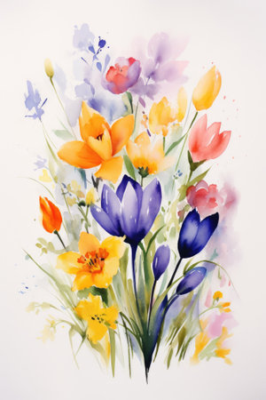Watercolor illustration of flowers, tulips and crocuses on a white background. Spring concept.の素材