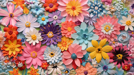 Colorful paper flowers as background. Floral pattern.の素材