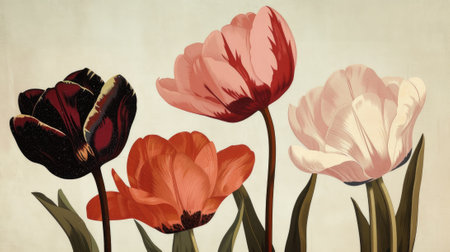 Tulip flowers on a light background. Floral illustration in vintage style.の素材