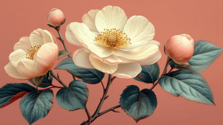 White roses on a pink background. Floral pattern. Vintage illustration. Warm color. Floral background.の素材