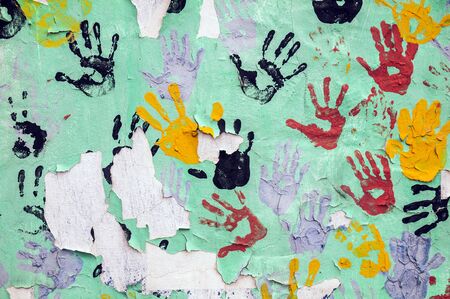 Color hands painted on wall.の写真素材