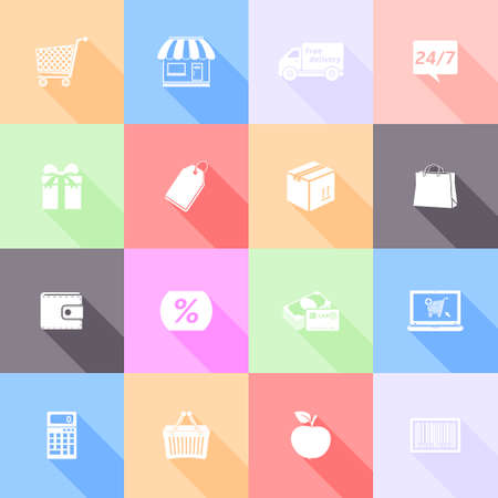 Vector set of shopping flat icons with long shadowのイラスト素材