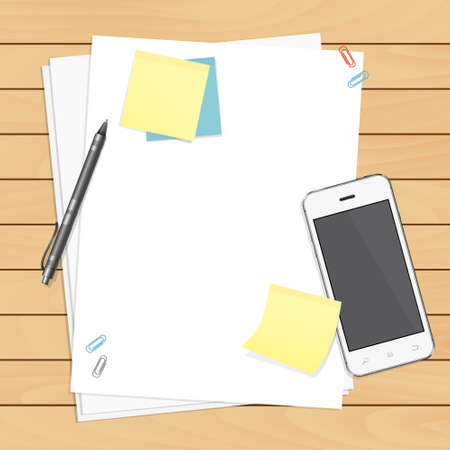 Workplace organization. Top view with wooden table, smartphone, pen, paper, sticky notes and paper clips.のイラスト素材