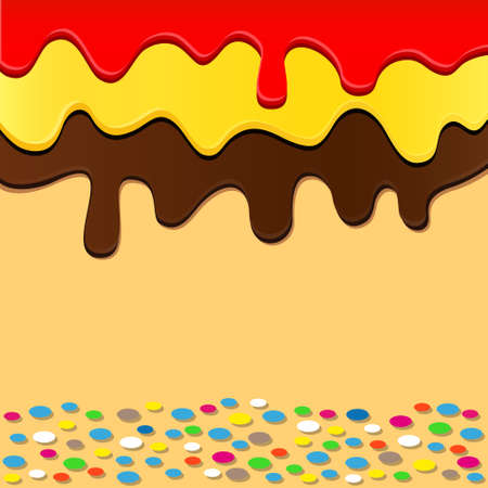 Flowing chocolate, jam and caramel on cake. Vector background.のイラスト素材