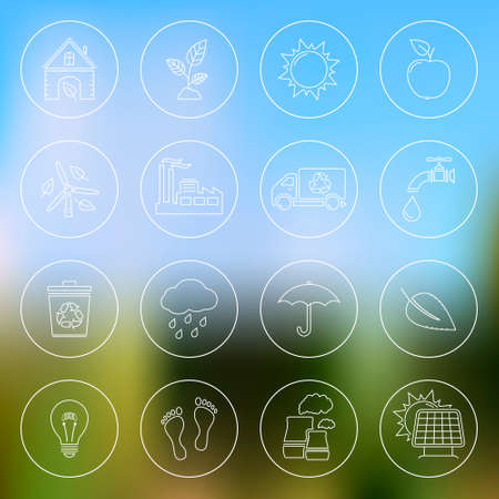 Ecology linear icons on blurred backgroundのイラスト素材