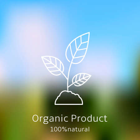 Organic product badge with sprout on blurred landscapeのイラスト素材