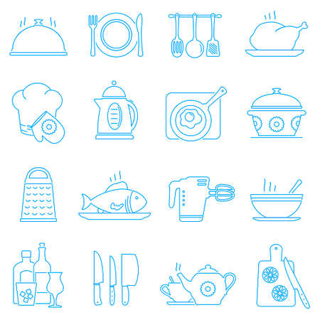Modern thin line icons set of cooking, kitchen tools and food. Vector illustration.のイラスト素材
