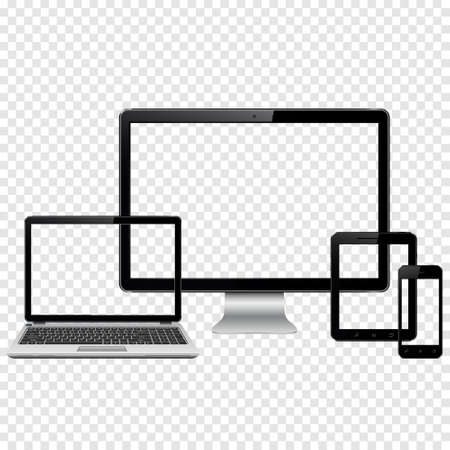 Set of modern technology devices template for responsive design presentation. Mockup consist of laptop, smartphone and tablet pc. Isolated on transparent background.のイラスト素材