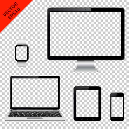 Various modern electronic gadget with transparent screen isolated on transparent background. Vector illustration.のイラスト素材