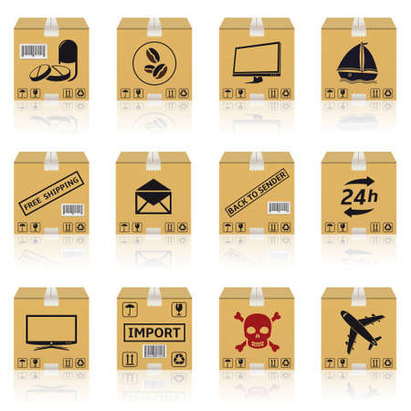 Shipping cardboard boxes icons isolated on white background. Vector illustration.のイラスト素材