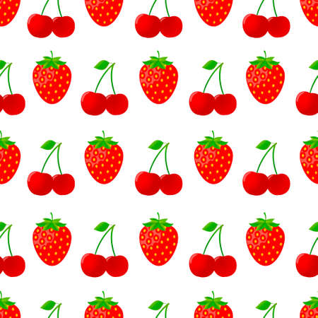 Seamless pattern with strawberries and cherries on white background.のイラスト素材