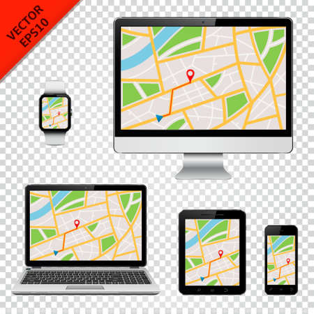 Digital devices with GPS map on screen. Isolated on transparent background.のイラスト素材