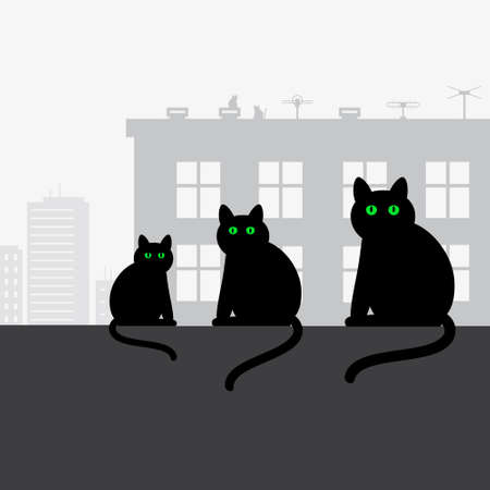 Family black cats with green eyes is sitting on the roof. illustration.のイラスト素材