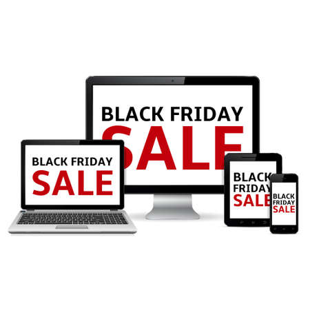 Computer monitor, laptop, tablet pc and mobile phone with black friday sale text on screen. Isolated on white background.のイラスト素材