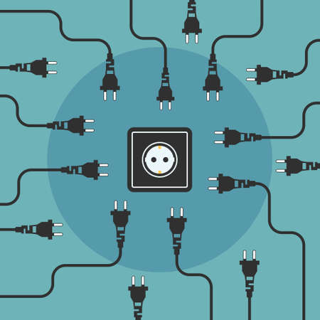 Plugs seek outlet. Free electricity flat design concept. Vector illustration.のイラスト素材