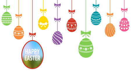 Hanging colored easter eggs ornaments. Easter holiday background. Vector illustration.のイラスト素材