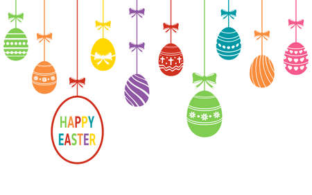Hanging colored easter eggs ornaments. Easter holiday background. Vector illustration.のイラスト素材