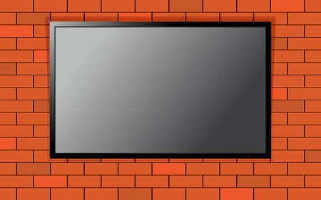 Modern TV with blank screen on brick wall. Computer monitor display mockup. Blank television template.のイラスト素材