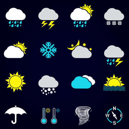 Modern weather icons set. Flat vector symbols on dark background.のイラスト素材