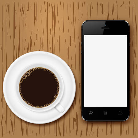 Mobile phone with blank screen and coffee cup on wooden deskのイラスト素材