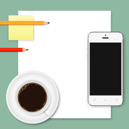 Abstract business background of white paper sheet, smartphone, coffee cup, and pencilsのイラスト素材