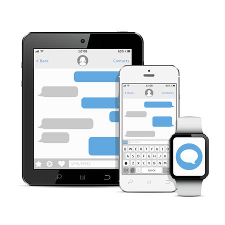 Chating and messaging concept. Tablet, mobile phone and smart watch with messaging sms app.のイラスト素材