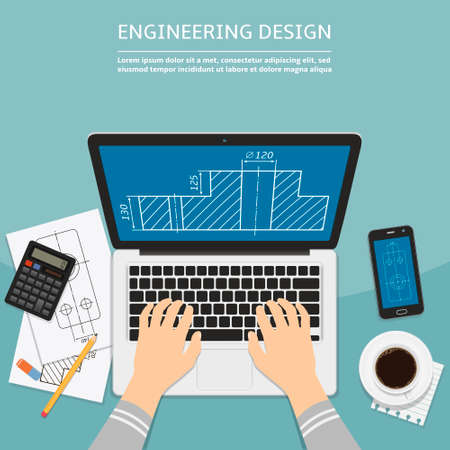 Engineer working on laptop computer with blueprint on screen.のイラスト素材