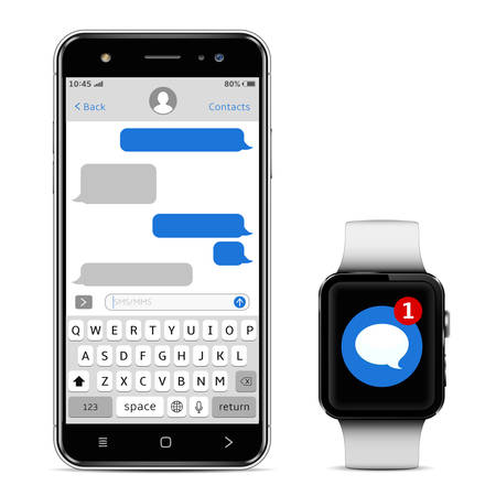 Smart phone and smart watch with messaging sms app. Chatting and messaging concept.のイラスト素材