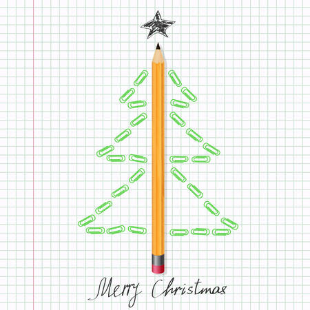 Christmas tree made of pencil and paper clips on notebook sheet. Vector illustration.のイラスト素材