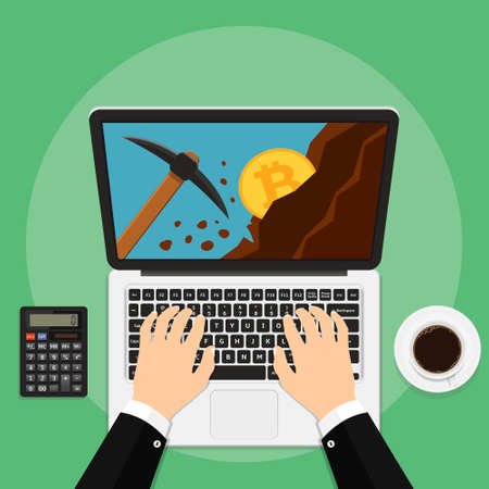 Bitcoin mining concept with laptop, pickaxe, coin and mountain. Earning cryptocurrency. Vector illustration.のイラスト素材