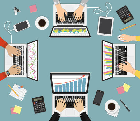 Teamwork, brainstorming concept. Business analytics. Group of businessman working on laptops, top view. Flat design vector illustration.のイラスト素材