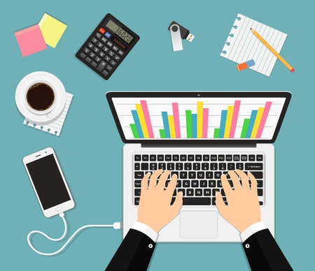 Businessman working on laptop analyzing graph statisticのイラスト素材