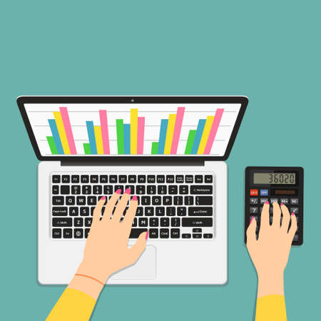 Woman hands using laptop with financial report graph on monitor. Flat design illustration.のイラスト素材