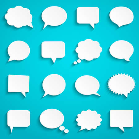Abstract white speech bubbles set on blue background, paper art style, vector illustration.のイラスト素材