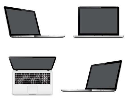 Laptop screens mockup with perspective, top and front view. Set of vector laptops with blank screen isolated on white background.のイラスト素材