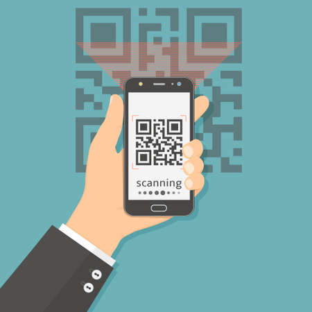 Hand holding mobile phone with app for scanning QR code, flat design illustration