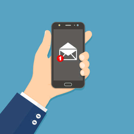 Hand holding smartphone with email icon. Flat style design vector illustration.のイラスト素材