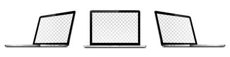 Laptop with transparent screen isolated on white background. Perspective and front view with...