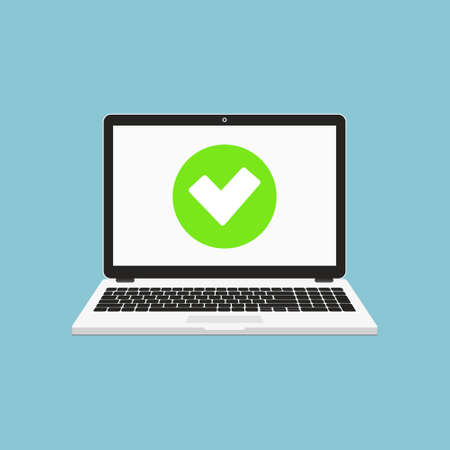 Laptop with checkmark or tick notification. Accept or approve checkmark. Flat design illustration.のイラスト素材