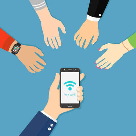 Hand holding black smartphone with Wi-Fi icon. People hands are reaching for free wi-fi. Flat style illustration.のイラスト素材