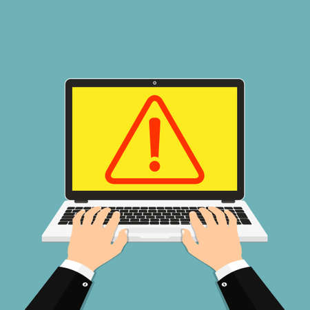 Laptop with exclamation mark on screen. Hands on the laptop. Vector Illustration. Flat designのイラスト素材