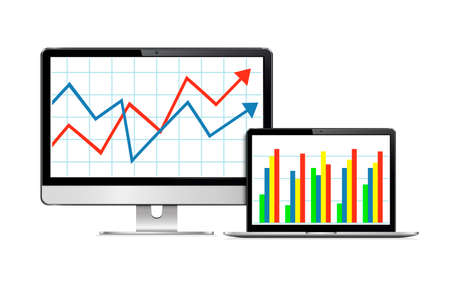 Monoblock computer monitor and modern laptop with financial chart and graph. Isolated on white background. Vector illustration.のイラスト素材