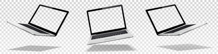 Flying laptop mock up with transparent screen isolatedのイラスト素材