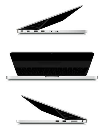 Laptop display mock up, front and side view with half closed screen. Vector illustration.のイラスト素材